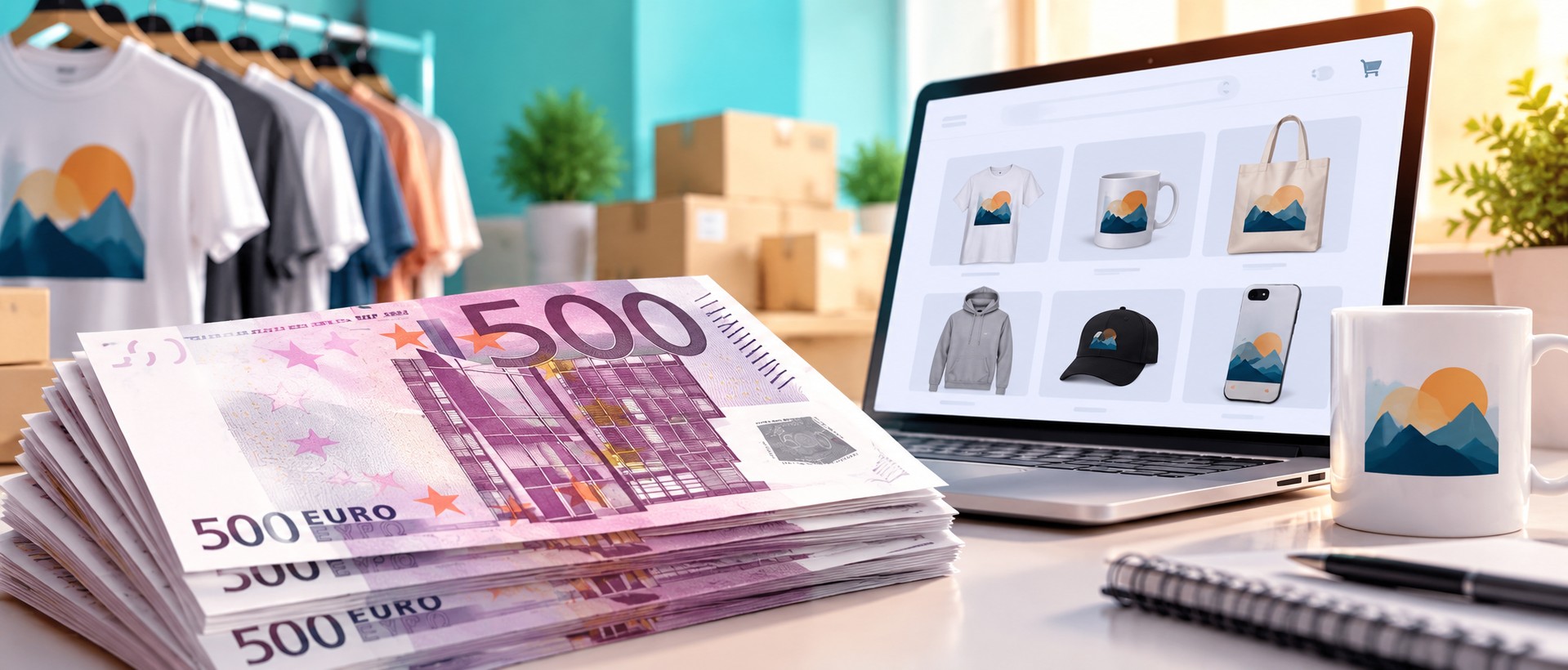 Emprendedora diseñando productos de impresión bajo demanda